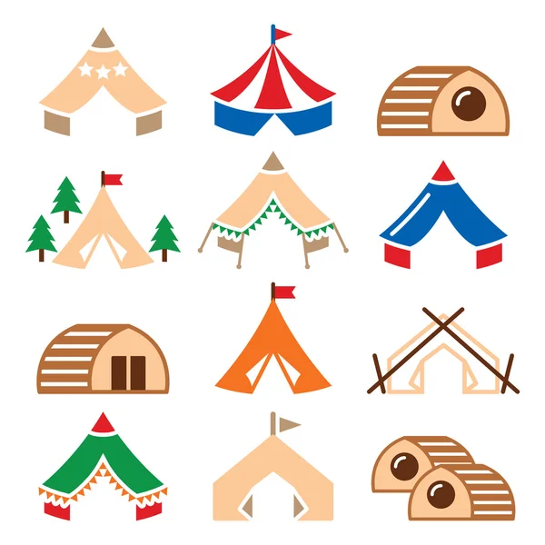 Camping tentes et maisons icônes ensemble — Image vectorielle