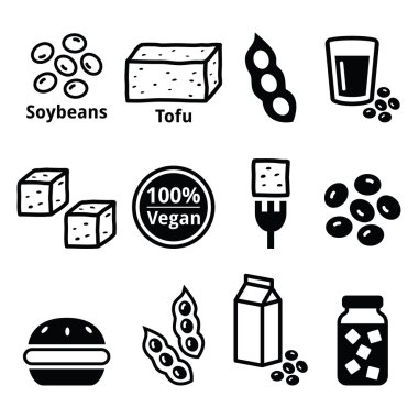 Soya fasulyesi, soya, soya peyniri Icons set
