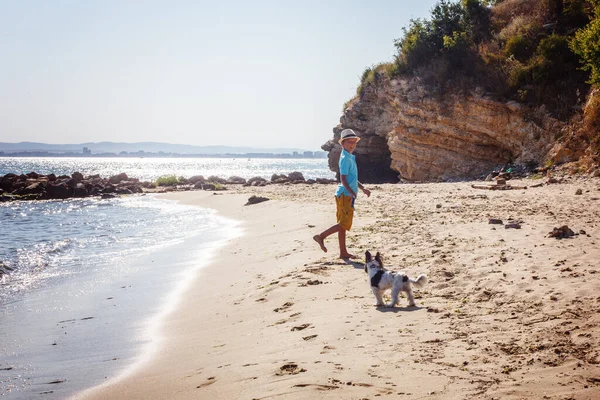 Bello giovane ragazzo e cane che camminano insieme sulla spiaggia — Foto Stock