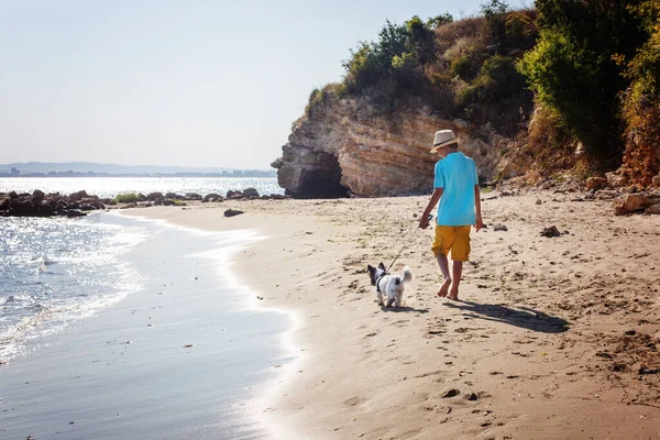 Bello giovane ragazzo e cane che camminano insieme sulla spiaggia — Foto Stock