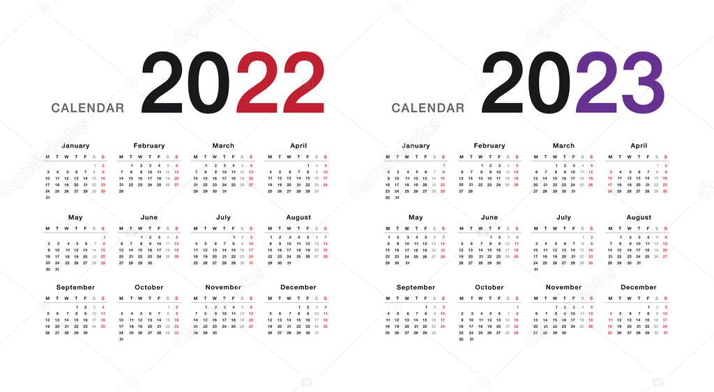 Colorful Year 2022 and Year 2023 calendar horizontal vector design template, simple and clean design. Calendar for 2022 and 2023 on White Background for organization and business. Week Starts Monday.
