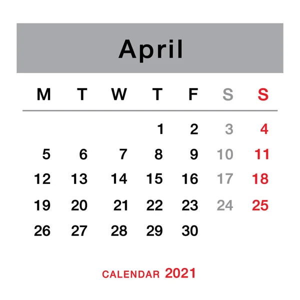 Апрель 2021 Календарь Планирования Простой Апрельский Календарь 2021 Года Понедельника — стоковый вектор