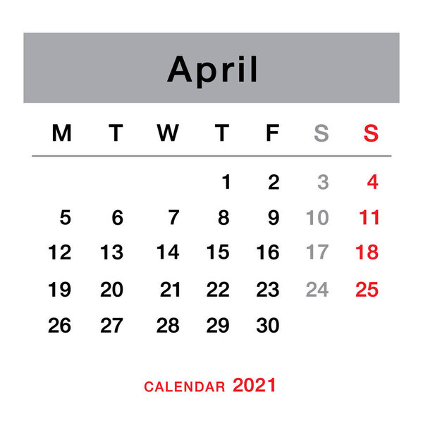 April 2021 planning calendar . Simple April 2021 calendar. Week starts from Monday. Template of calendar for April