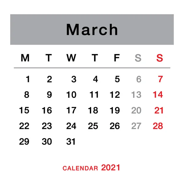 Marzec 2021 Planowanie Kalendarza Prosty Kalendarz Marzec 2021 Tydzień Zaczyna — Wektor stockowy