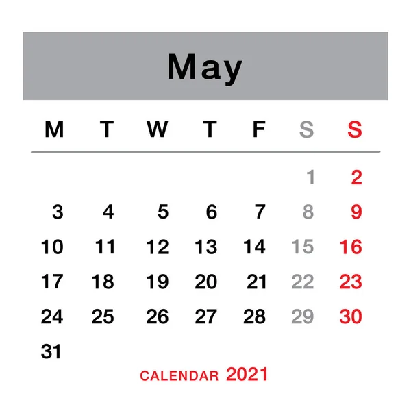 2021年5月予定表 2021年5月のカレンダー 週は月曜日から始まります 5月の暦表 — ストックベクタ