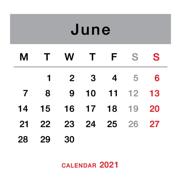 June 2021 Planning Calendar Simple June 2021 Calendar Week Starts — Stock Vector