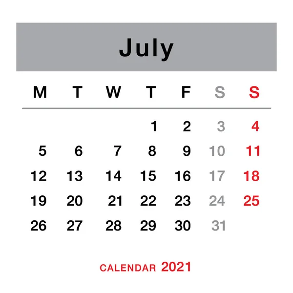 Июль 2021 Календарь Планирования Простой Календарь Июля 2021 Года Понедельника — стоковый вектор