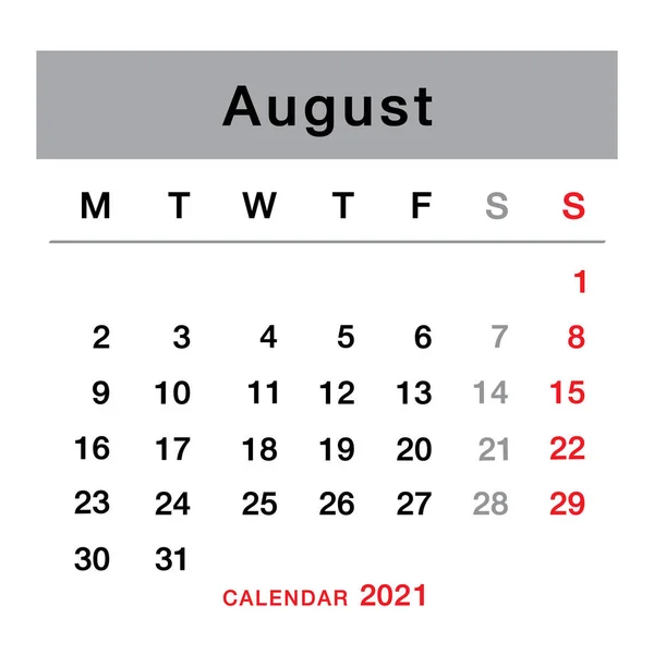 Sierpień 2021 Planowanie Kalendarza Prosty Sierpień 2021 Kalendarz Tydzień Zaczyna — Wektor stockowy