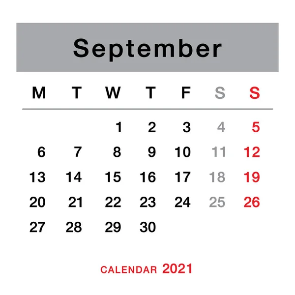 Plánovací Kalendář Září2021 Jednoduchý Kalendář Září2021 Týden Začíná Pondělí Šablona — Stockový vektor