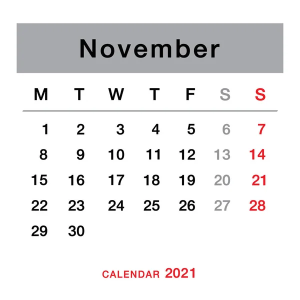 Listopad 2021 Planowanie Kalendarza Prosty Kalendarz Listopad 2021 Tydzień Zaczyna — Wektor stockowy