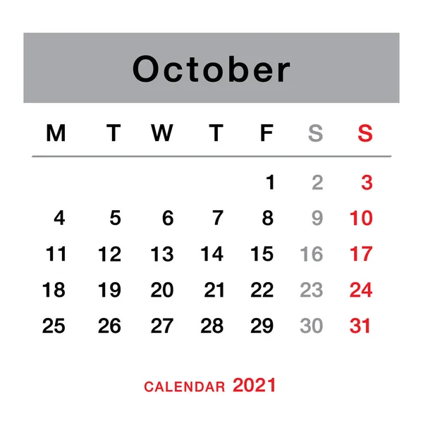 October 2021 Planning Calendar Simple October 2021 Calendar Week Starts — Stock Vector