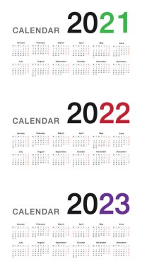 Yıl 2021 ve Yıl 2022 ve Yıl 2023 vektör tasarım şablonu, basit ve temiz tasarım. 2022 ve 2023 tarihleri için Beyaz Arkaplan organizasyon ve iş takvimi. Hafta Pazartesi Başlıyor. 