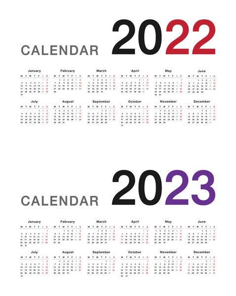 Colorido Año 2022 Año 2023 Plantilla Diseño Vectores Horizontales Calendario — Vector de stock