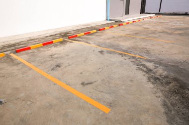 Çiçekleri düşen bir otoparkta boş bir alan. Sol duvarı olan bir araba. Kamu parkında park alanı..