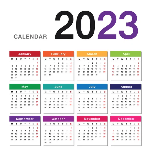 Año Colorido 2023 Plantilla Diseño Vectores Horizontales Calendario Diseño Simple — Vector de stock