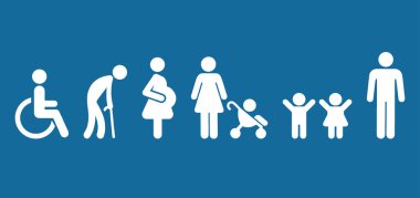Sembol Önceliği Yolcu Yaşlılarını Engelle Hamile Yaşlı Kadın Bebek Bebek Ortopedik Tekerlekli Sandalyesi Taşıyabilirlik İnsan Vektör İşareti 'ni engelliyor. Engelli tuvalet sembolü. Öncelikli oturma .