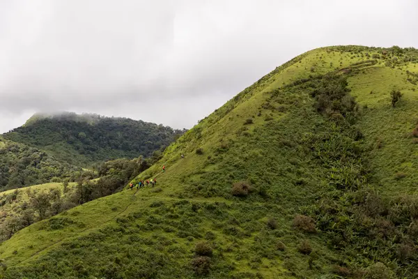 Grupo Excursionistas Caminando Una Montaña Amigos Senderismo Las Altas Montañas — Foto de Stock