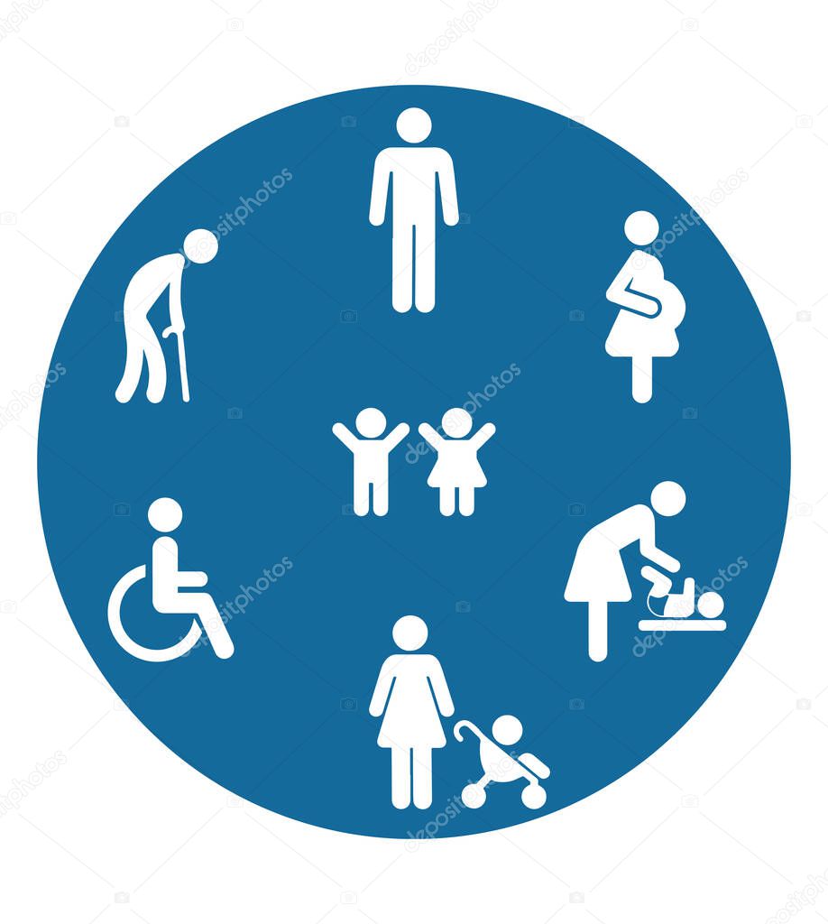Priority Symbols for Disabled Passenger: Elderly passenger, Pregnant, Old man, Woman with infant child and baby wheelchair, orthopedic crutches. Human mobility vector signs. Disabled toilet symbol. Priority seating concept.
