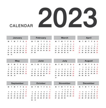 Yıl 2023 yatay vektör tasarım şablonu, basit ve temiz tasarım. Organizasyon ve iş için Beyaz Arkaplan 2023 takvimi. Hafta Pazartesi Başlıyor.