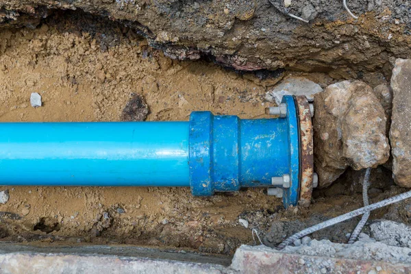 Canteiro Obras Com Novos Tubos Água Chão Tubos Esgoto Para — Fotografia de Stock