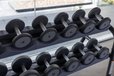 Aptal seti. Spor fitness merkezinde raflarda birçok metal dambıl var. Ağırlık Eğitimi Ekipmanı konsepti. Spor aletleri ağırlık kaldırıyor, egzersiz için. Spor salonundaki dambıllar.