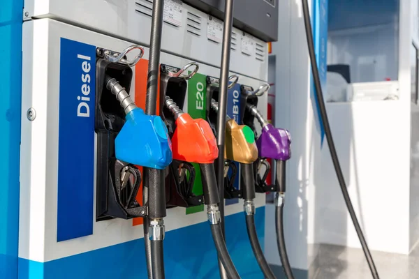 Fuel Pump Gas Station Gasoline Colorful Petrol Pump Filling Nozzles — Stock Photo, Image