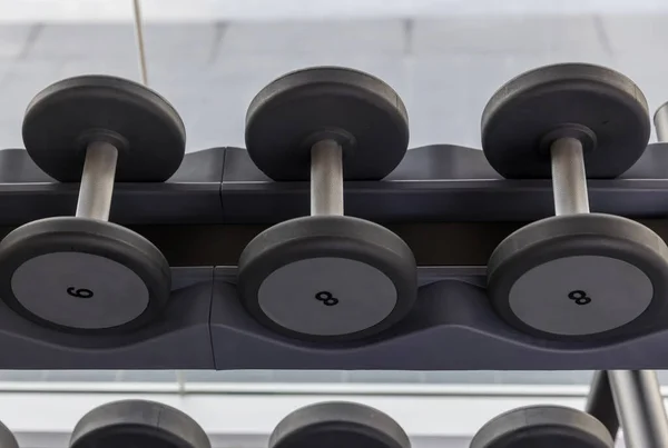 ダンベルセット スポーツフィットネスセンターでラック上の多くの金属ダンベル 重量トレーニング機器の概念 フィットネス機器は ワークアウトのためのダンベル重量 ジムでのダンベルの列 — ストック写真