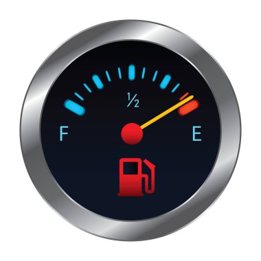 Gösterge panelinde boş yakıt uyarı ışığı var. Yakıt pompası ikonu. Benzin göstergesi panelinde dijital uyarı levhası var. Yakıtı bitti. Gösterge panelinde düşük yakıt seviyesi göstergesi
