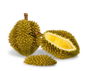 Durian, Tayland 'da bir meyve kralıdır. Meyvelerin kralı Durian. Beyaz arka planda sarı renk var. Tatlı tatlı ya da Tayland 'da atıştırmalık için olgun durian tropikal meyve yazı.