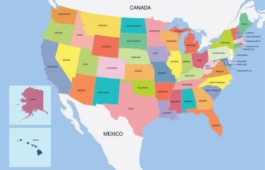 Amerika Birleşik Devletleri Haritası. Eyaletleri ve başkenti olan renkli ABD haritası. Amerika Birleşik Devletleri Düz Tasarımı Renkli Haritası. ABD idari haritası