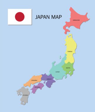 Japonya haritası. Japonya vilayetlerinin renk haritası. Japonya idari haritası. Bölgeler ve ilçeler.