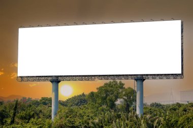 Parkın yan tarafındaki boş ilan panosu. Kopyalama alanı, reklam, metin ve nesne için resim. Doğal yeşilde beyaz ilan panosu.