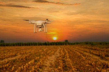 Dijital kamerayla uçan bir helikopter. Yüksek çözünürlüklü dijital kameralı İHA. Uçan kamera bir fotoğraf ve video çek. Profesyonel kameralı İHA puslu dağların fotoğraflarını çekiyor.