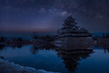 Japonya 'daki eski kale. Matsumoto kalesine karşı gece gökyüzü. Kışın Samanyolu 'nda gökyüzünde şato. Kışın donmuş göleti olan Matsumoto Kalesi' ni gezin. Japon başbakanı tarihi kaleler