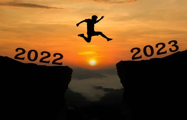 Young Man Jump 2022 2023 Years Sun Gap Hill Silhouette — Stock Photo, Image