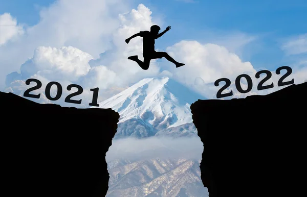 Young Man Jump 2021 2022 Years Sky Cloud Gap Hill — Stock Photo, Image