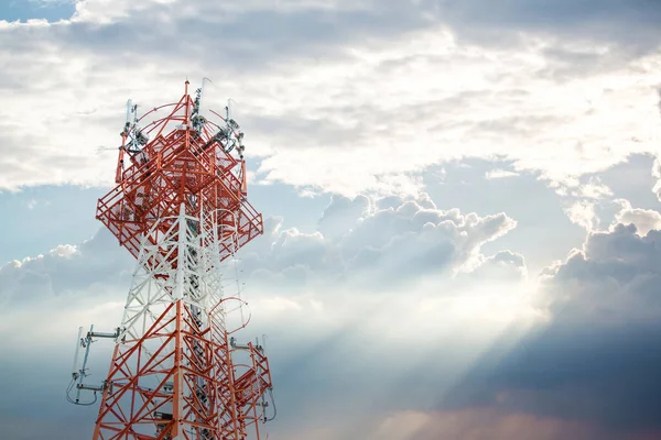 communication tower top. Radio antenna Tower , microwave antenna tower on light sky background. wireless technology concept. communication development concept. image for objects and article.