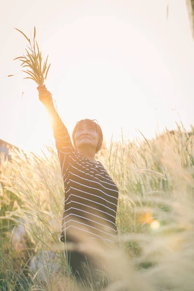 Elderly Woman Stands Arms Wide Open Grass Field Summer Woman — Stock Photo, Image