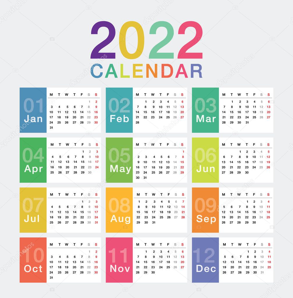 Colorful Year 2022 calendar horizontal vector design template, simple and clean design. Calendar for 2022 on White Background for organization and business. Week Starts Monday.