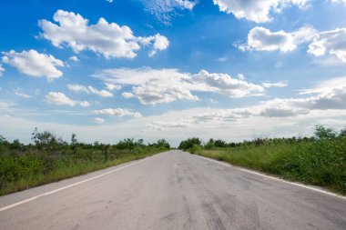 Boş bir yolda araba kullanmak. Yeşil tarlalarda boş asfalt yol ve yaz günü mavi gökyüzünde bulutlar. Önümüzde açık yol, konsept için sonsuz yol.