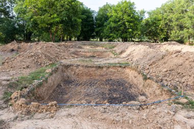 Toprakta bir delik. Fidanları dikmek için çukur kazın. Ağaç dikmek için çamur deliği. Topraktaki çukur manzarası ve bir gölet inşa etme hazırlığı. İnşaat için zeminde dikdörtgen çukur kazın.