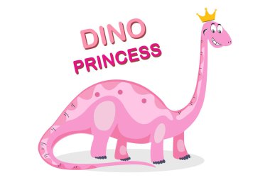 Prenses dinozor hayvan vektör çizimi. Çizgi film dinozoru Pembe Brachiosaurus. Dinozorlu kız için pembe dinozor. Dino Prenses Çizgi film Vektörü.