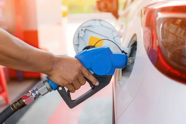 Hand Holding Gas Nozzle One Last Drop Man Holding Gasoline — Stock Photo, Image