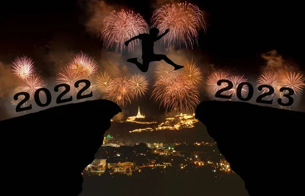 Young Man Jump 2022 2023 Years Fireworks Gap Hill Silhouette — Stock Photo, Image