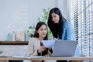 Ortaklardan oluşan bir grup Asyalı iş kadını dizüstü bilgisayarla ofiste projeyi tartışıyor. Profesyonel iş adamlarının iki meslektaşı birlikte çalışıyor..