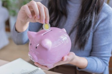 Kadın ev konseptinden çalışıyor. Muhasebe için para biriktiriyor. Tasarruf parası zenginlik kavramı, Asyalı iş kadını el yazısı yönetim bütçesi tasarruf maliyeti, nakit finans