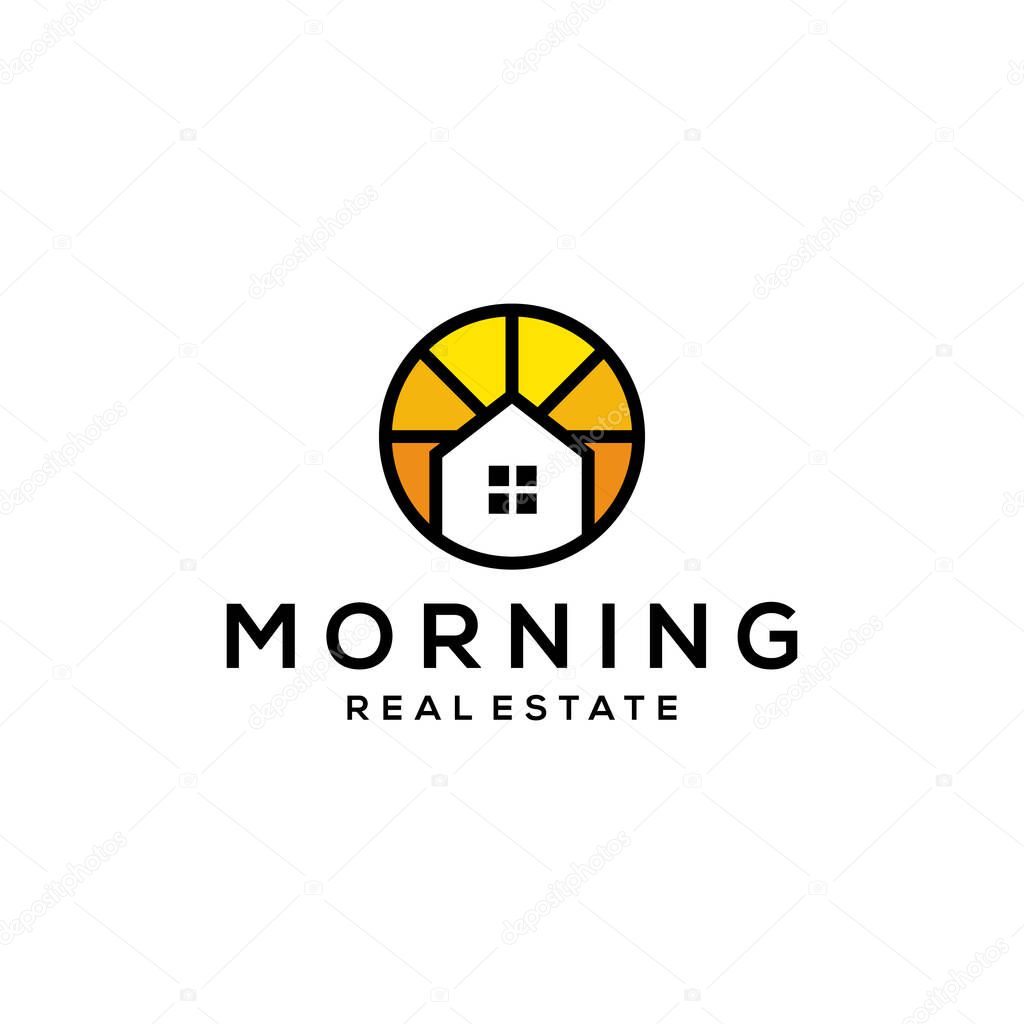Illustration of modern abstract house sign with morning sun there