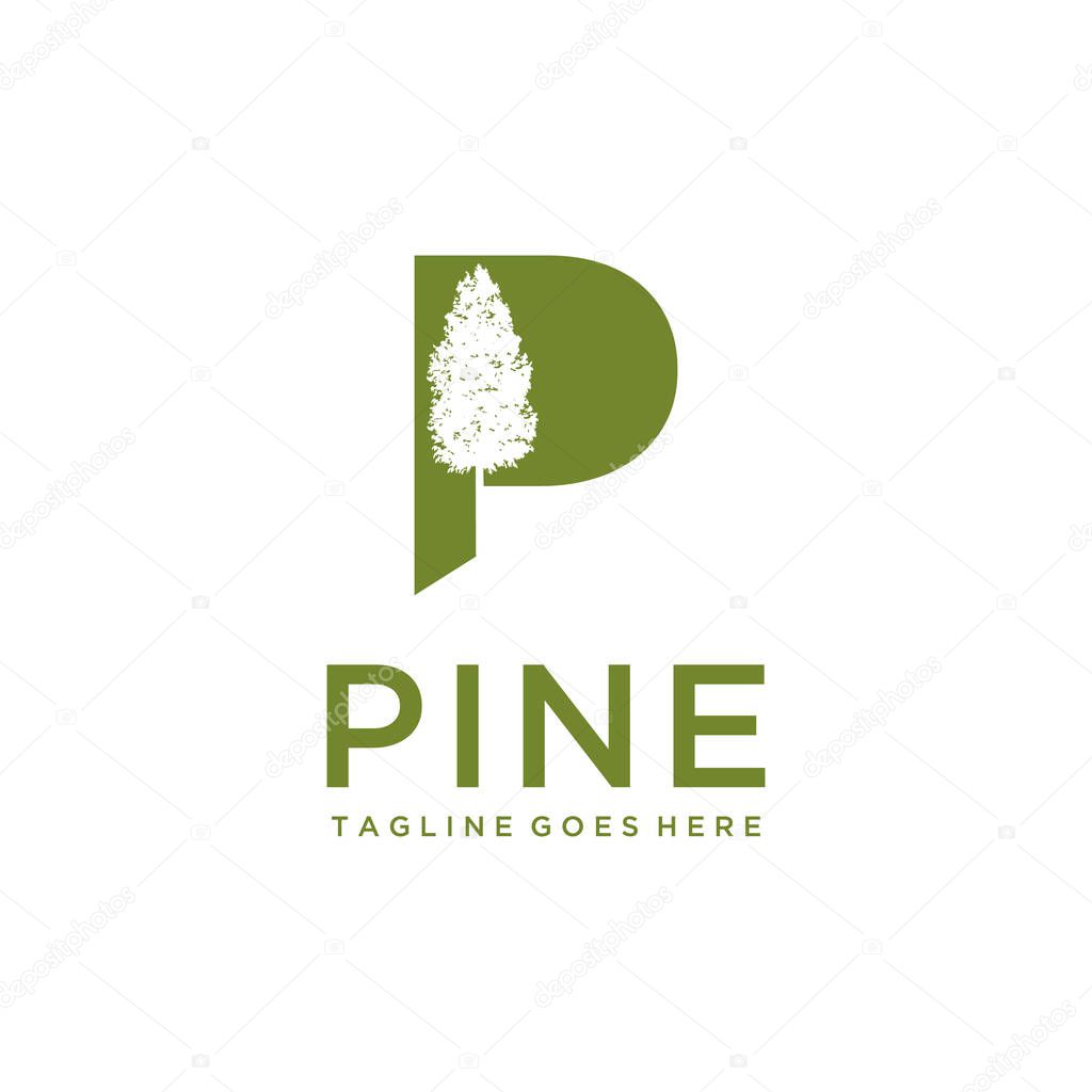 Creative abstract sign P with Rustic Retro Vintage Pine tree logo design.