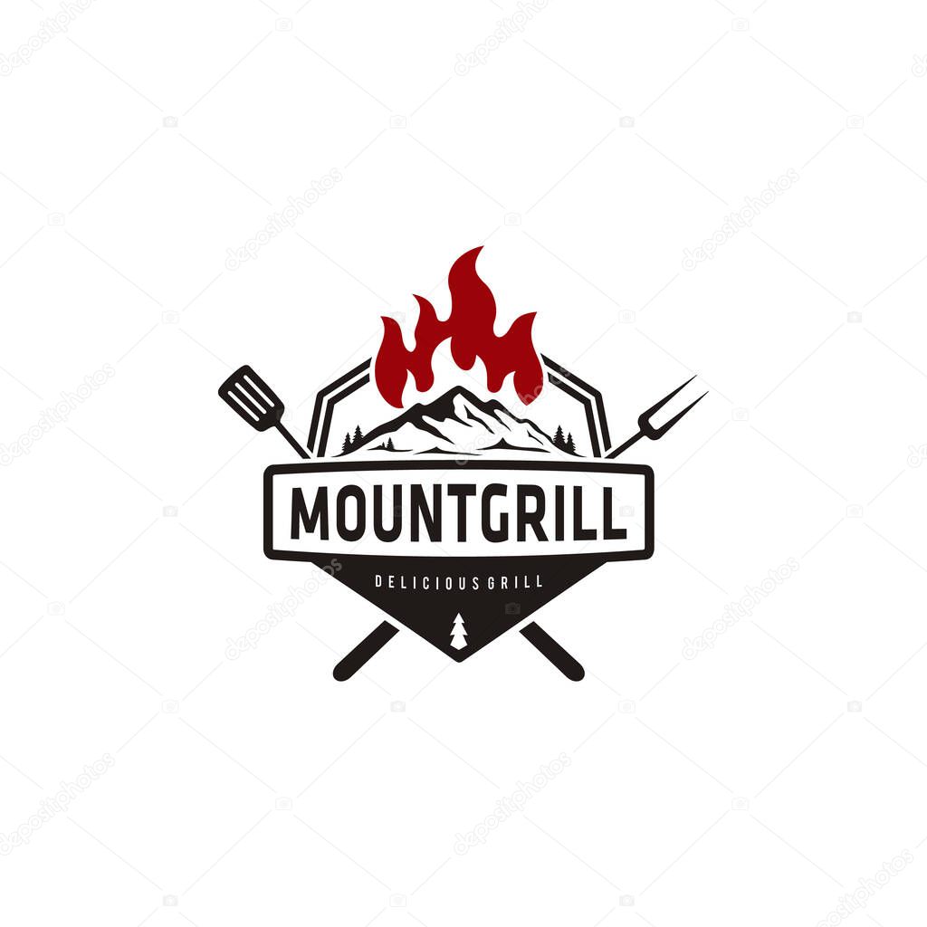 Vintage Grill Barbeque barbecue bbq with crossed fork and fire flame Logo mountain design