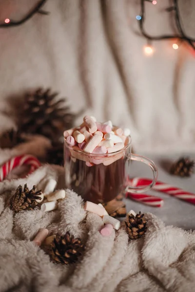 Flat Lay New Year Christmas Garland Candy Canes Cocoa Cones — Stock Photo, Image